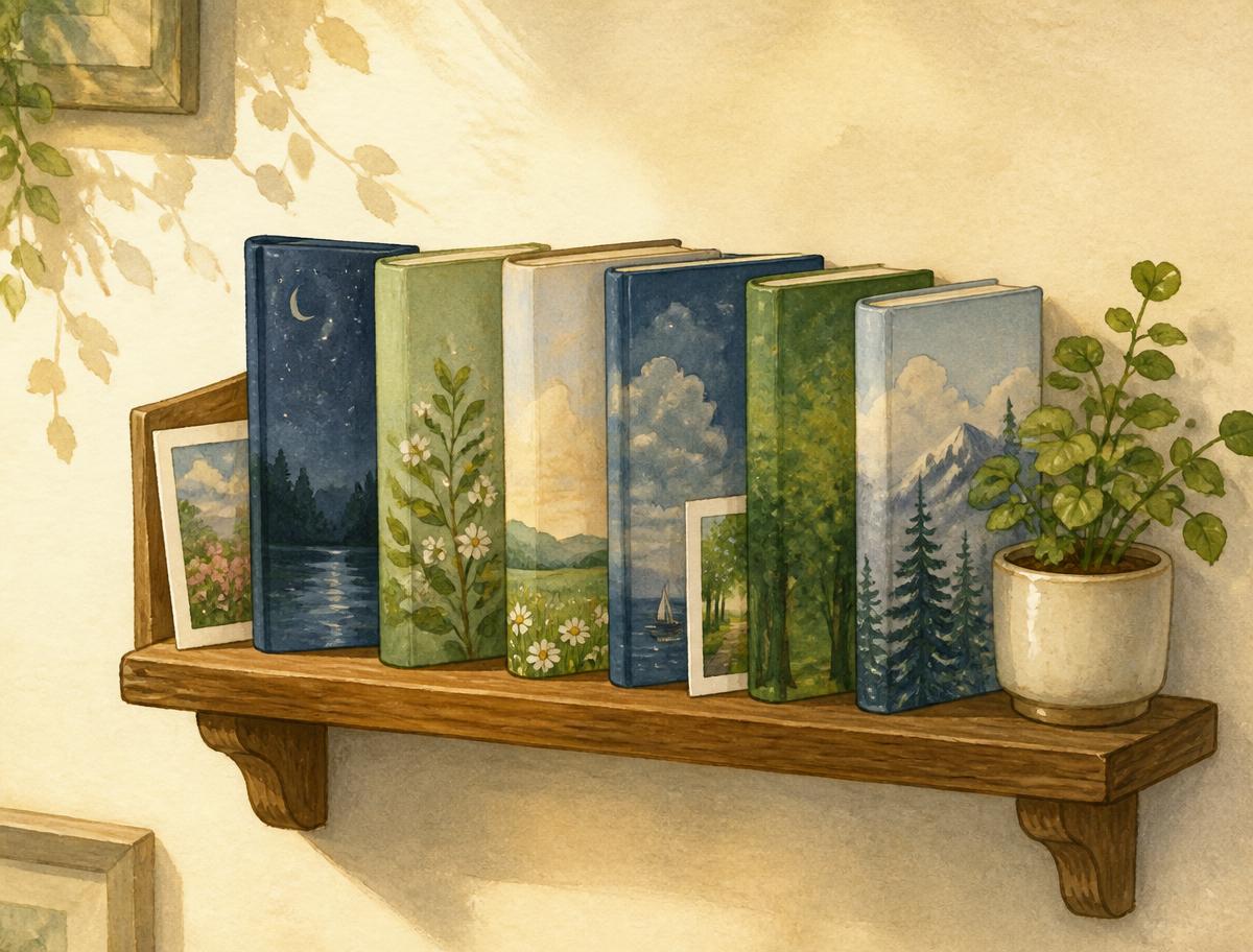 The same wooden shelf years later, holding several finished illustrated books and a small plant