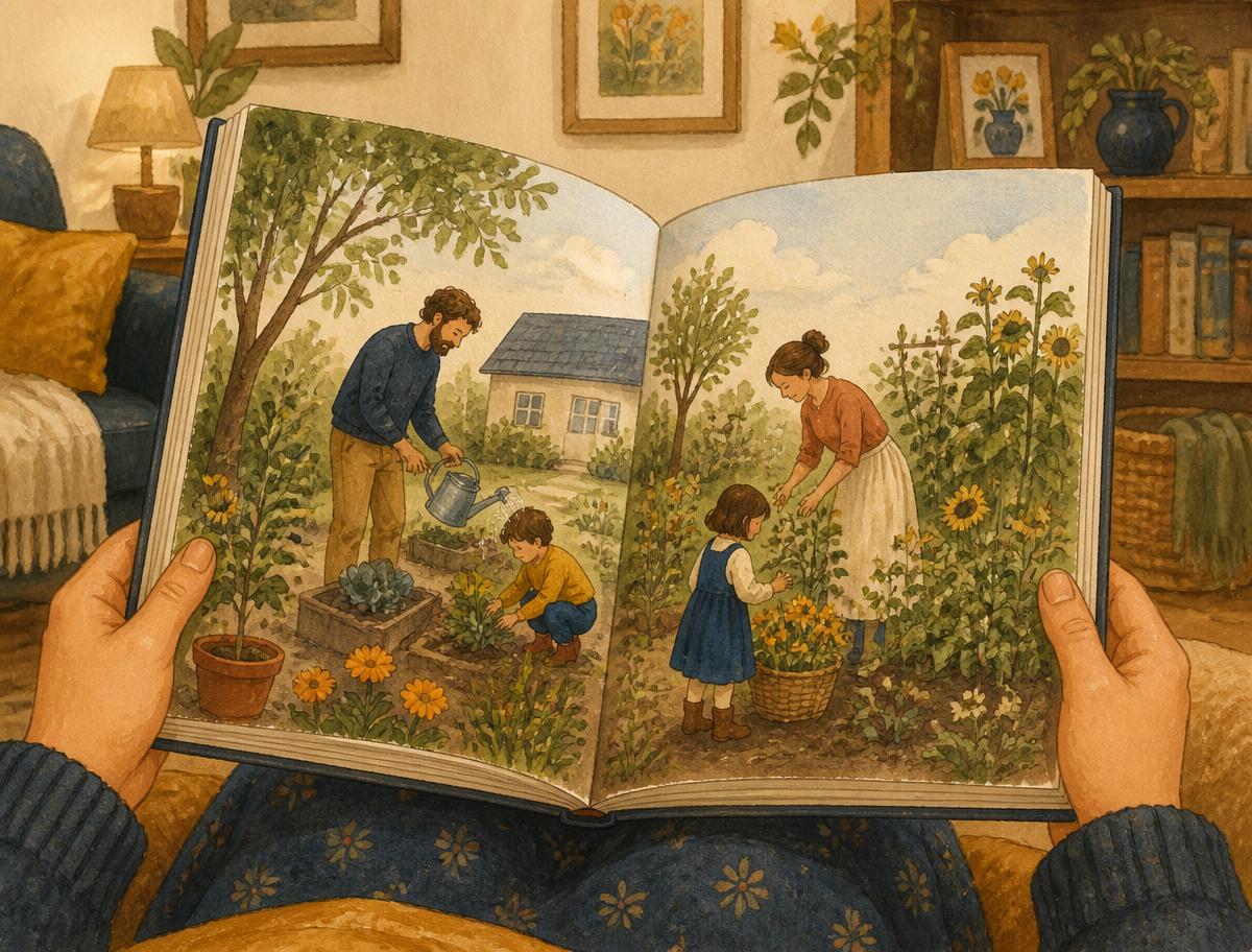 Two hands holding an open illustrated book showing a painted family garden across both pages