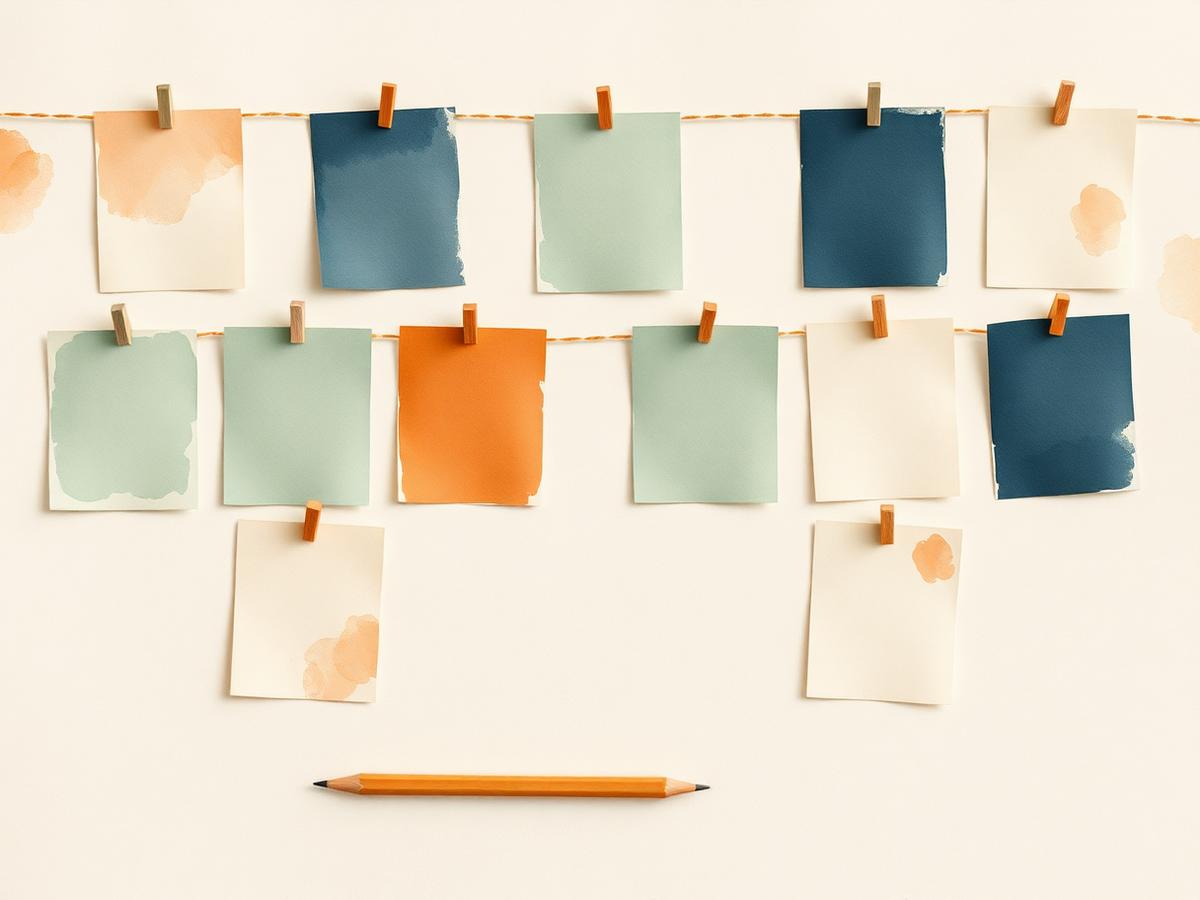 Blank page thumbnails pegged along a string, laid out as the plan of a book, with a pencil below