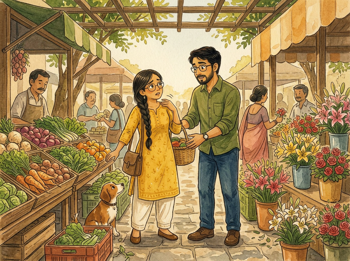 A warm watercolour illustration of two young adults reaching for the same bunch of marigolds at a busy open-air market, a small brown dog sitting nearby