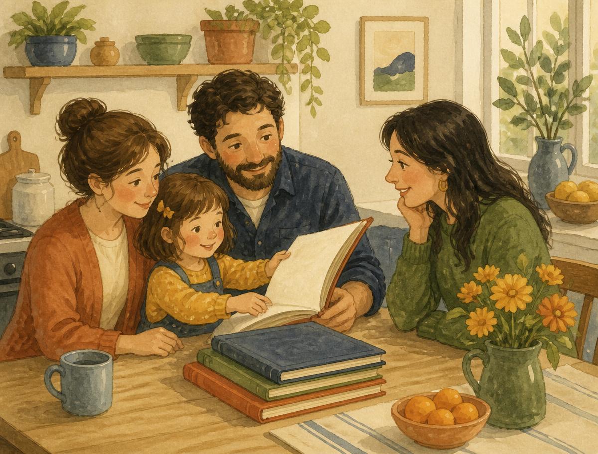 A family at a kitchen table turning one page of their book towards a visiting friend, other books closed beside them
