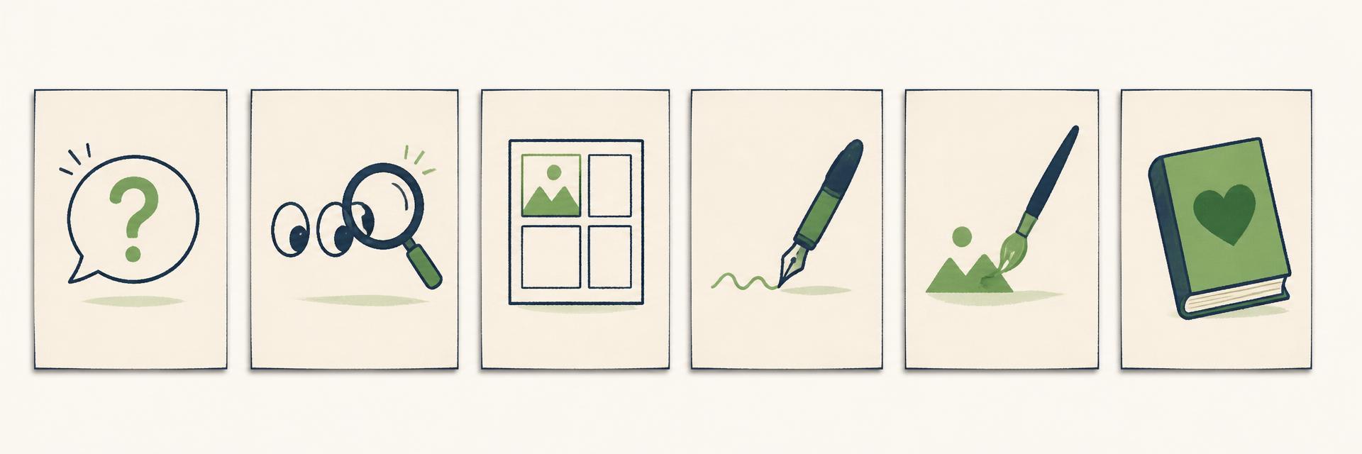 Six small illustrated book pages showing the journey from a question to a finished book