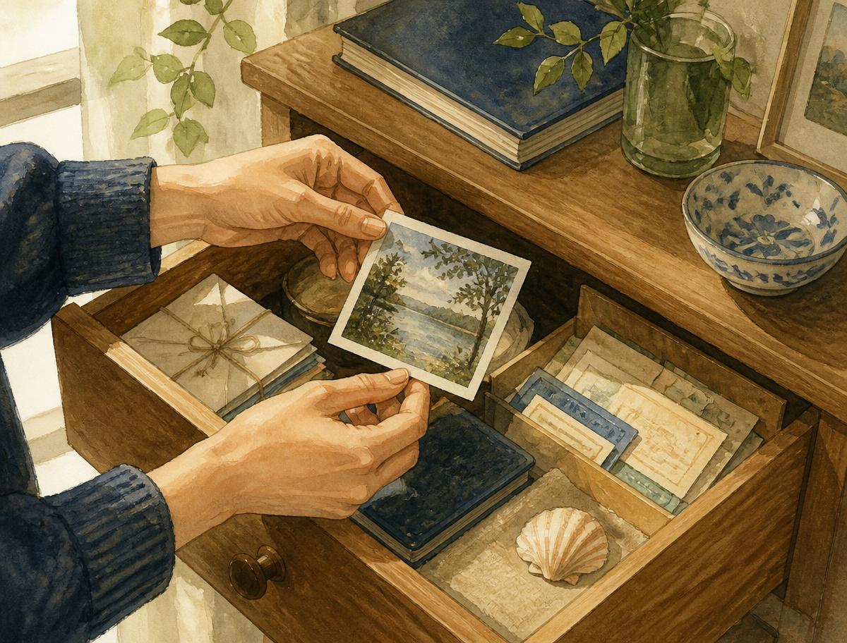 Hands placing a single photograph into an open drawer of neatly kept letters, tickets and a shell
