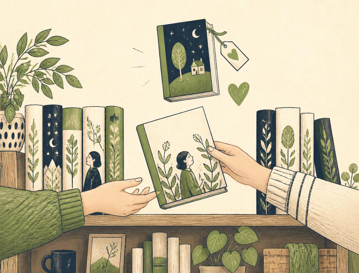 Illustrated bookshelf with people passing a small storybook to one another