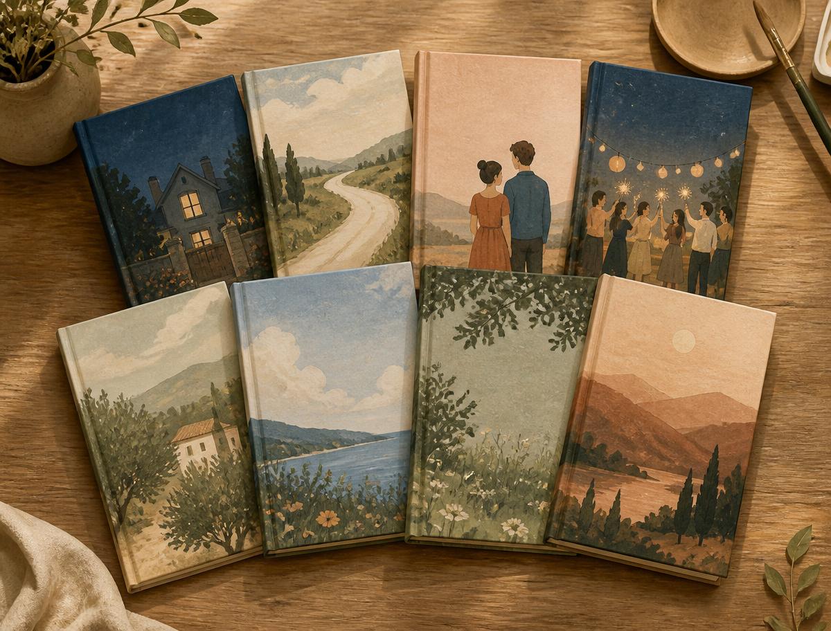 Eight slim illustrated books fanned out on a wooden table, each with a different painted cover scene