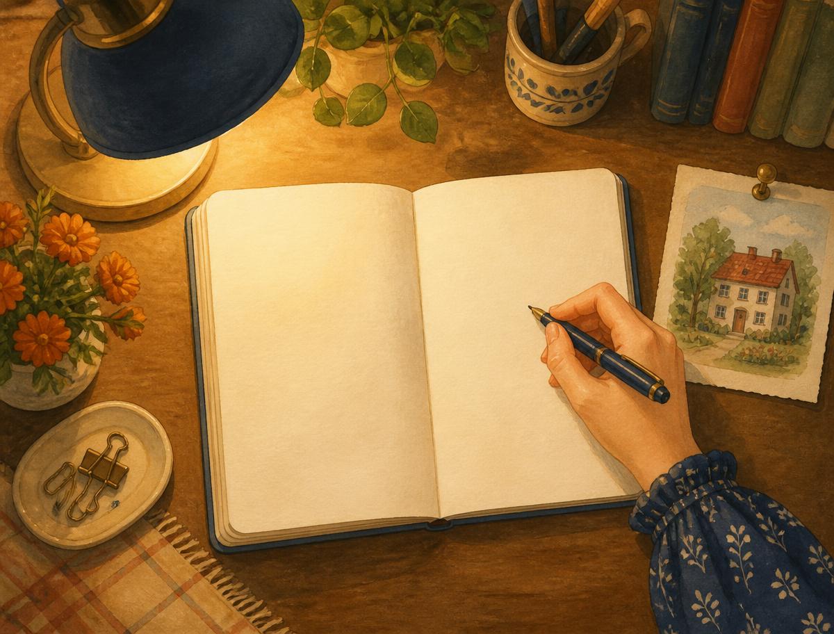 A hand holding a pen above the blank pages of an open notebook, beside a small painting of a house