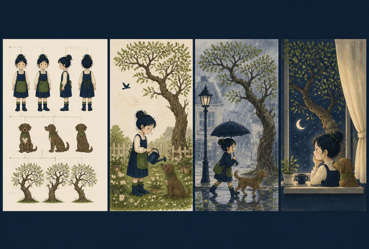 A three-page continuity example showing the same child, dog and tree drawn consistently beside an approved reference sheet