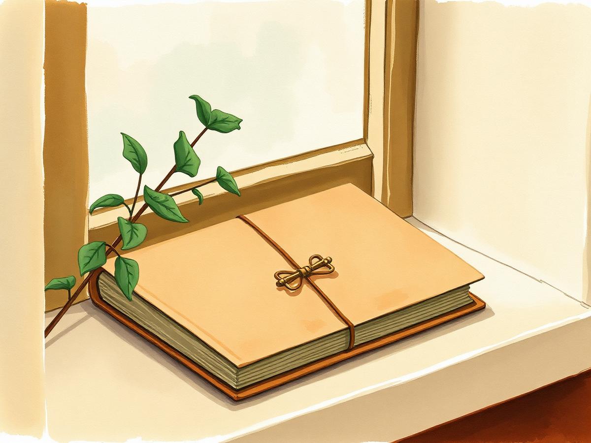 A closed cloth-bound book tied with a ribbon, resting on a sunlit windowsill beside a plant