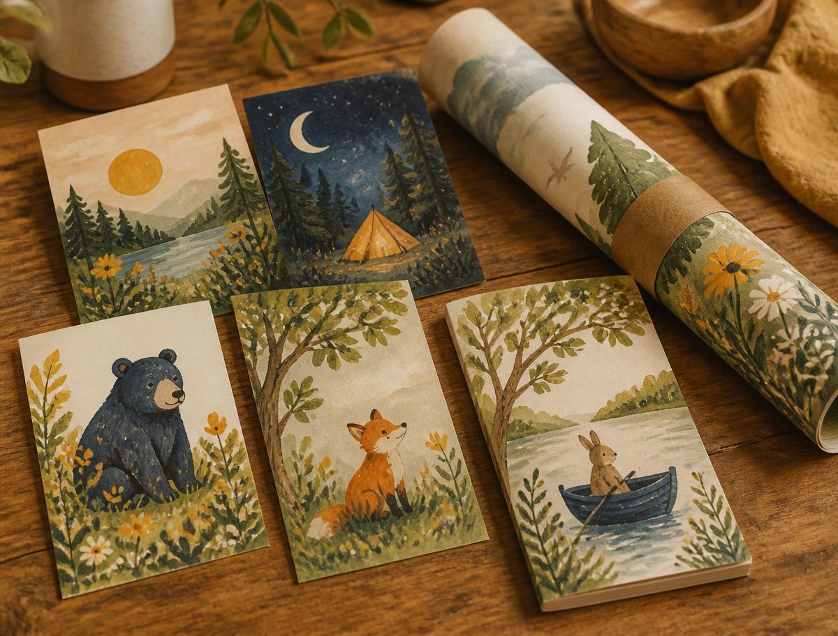 Illustrated cards, a rolled poster and a slim booklet with painted covers laid on a wooden table