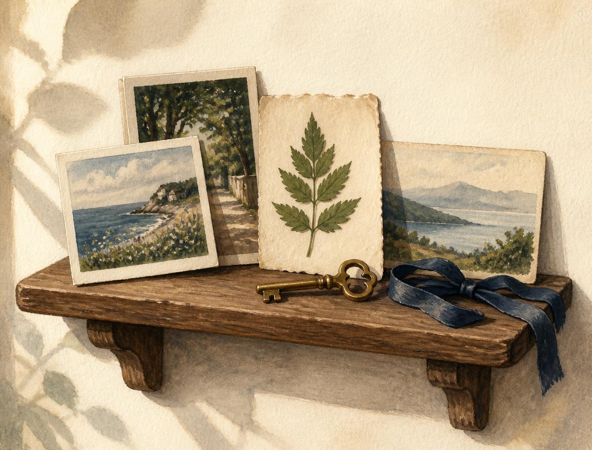 A small wooden shelf holding two photographs, a pressed leaf, a postcard, a brass key and a ribbon