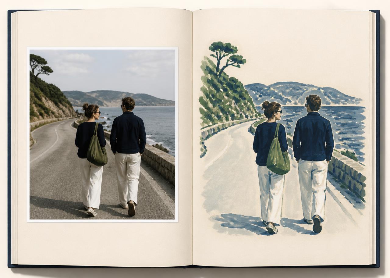 A sample book spread with a real photograph on the left page and a new illustrated interpretation on the right